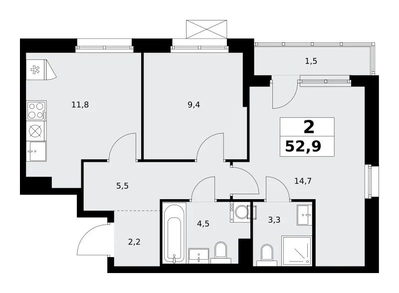 2-комн. 52.9 м²