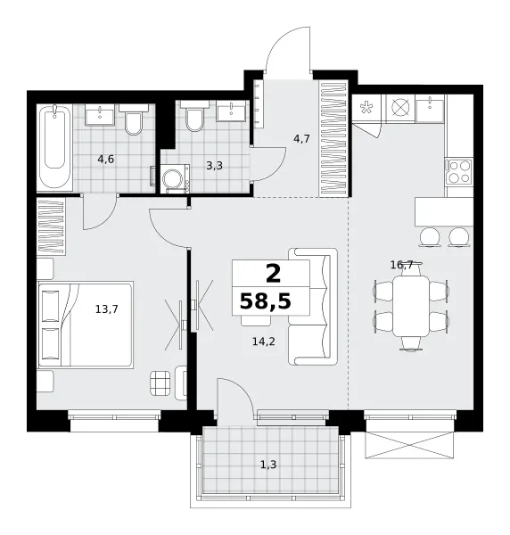 2-комн. 58.5 м²
