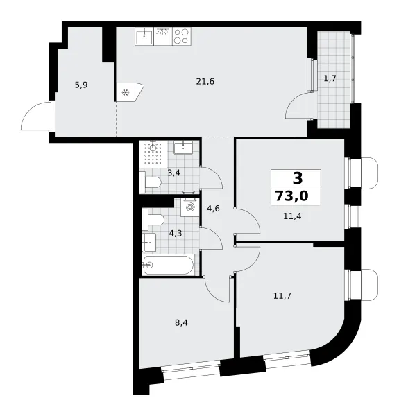 3-комн. 73 м²