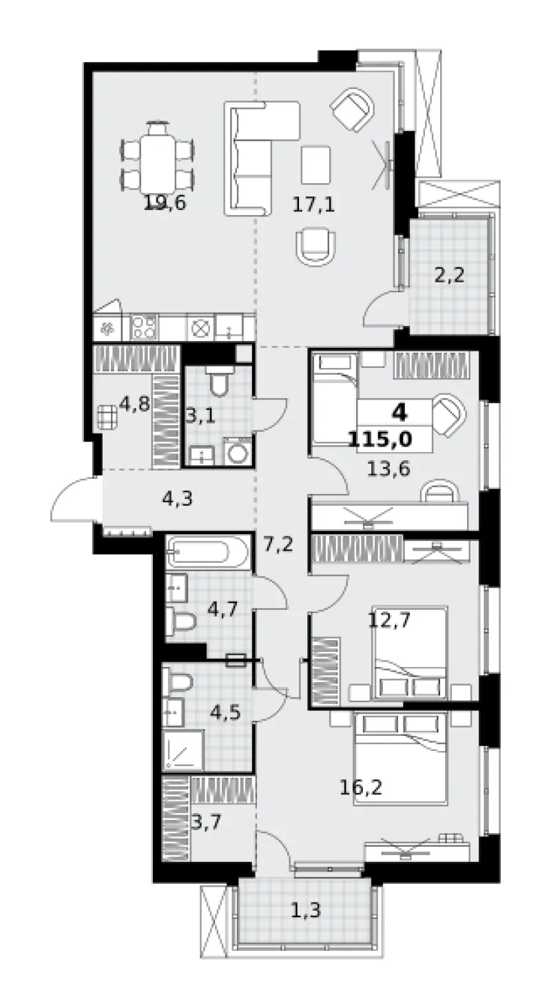 4-комн. 115 м²