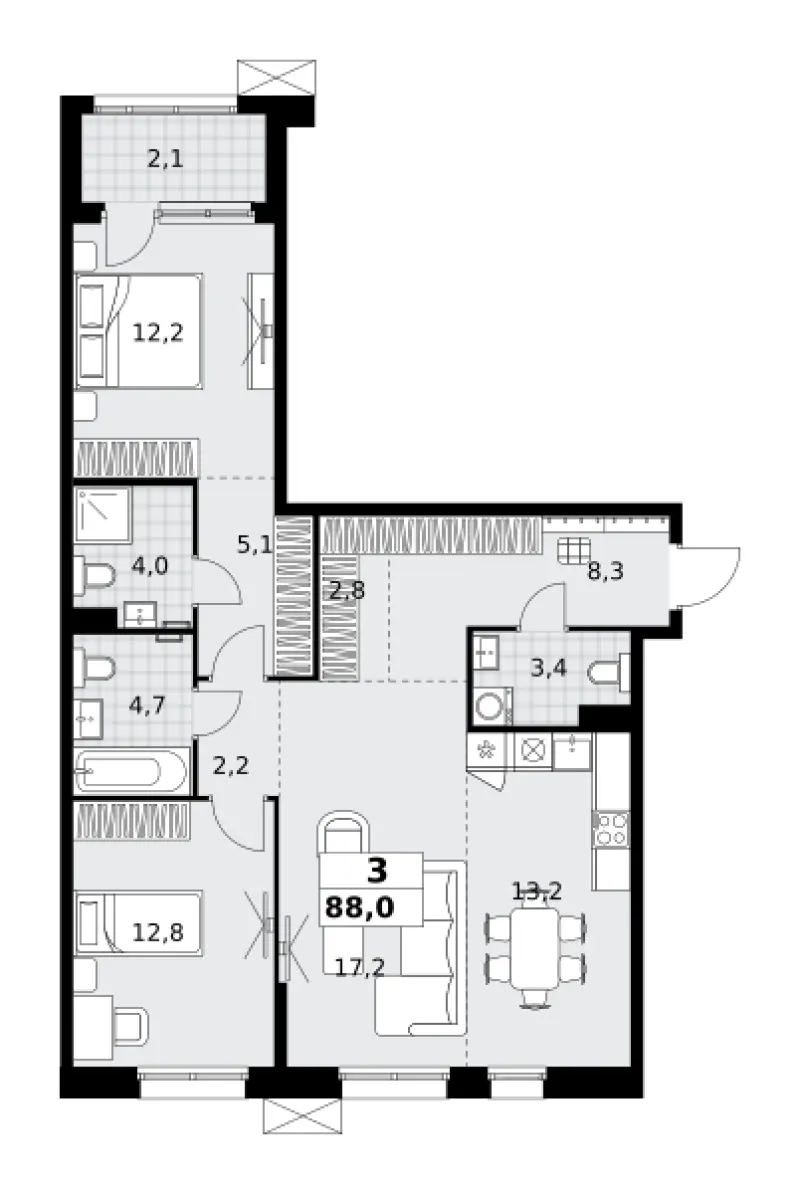 3-комн. 88 м²