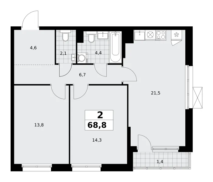 2-комн. 68.8 м²