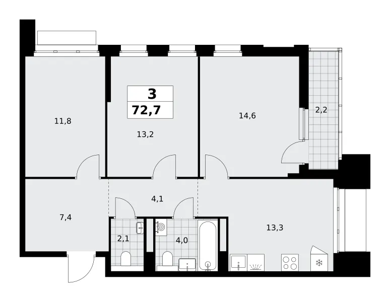3-комн. 72.7 м²