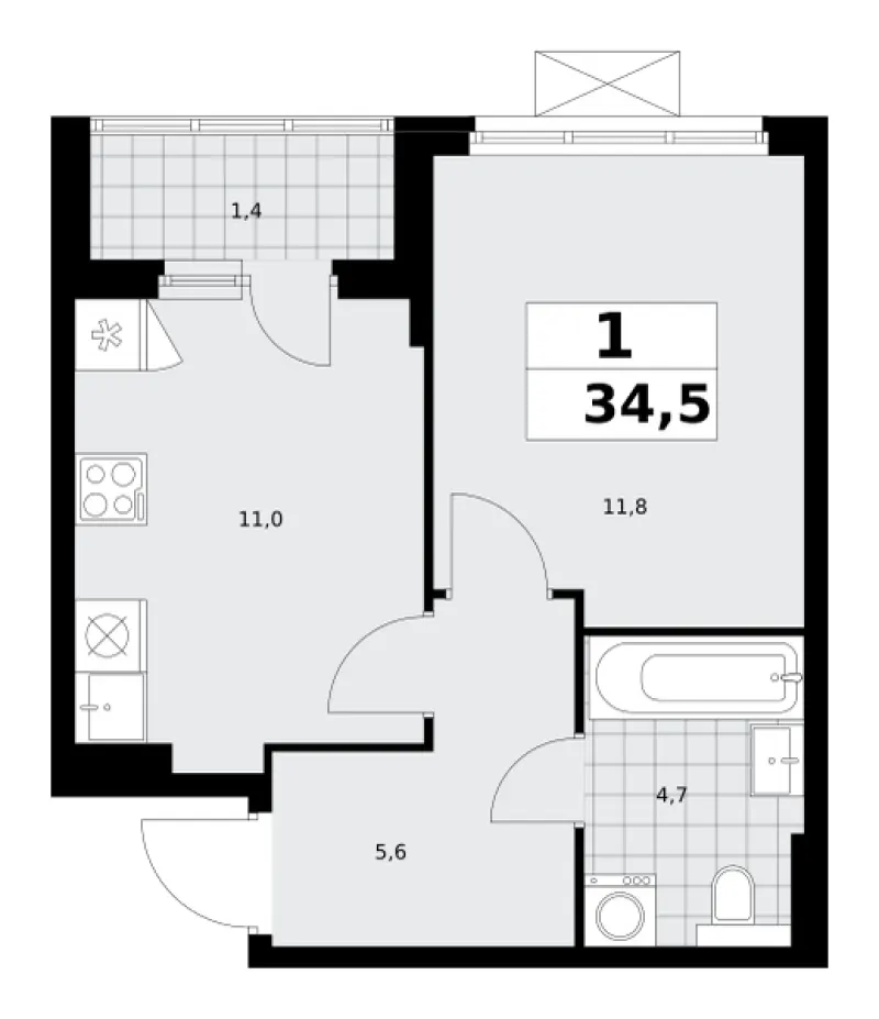 1-комн. 34.5 м²