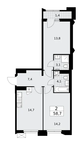 2-комн. 58.7 м²