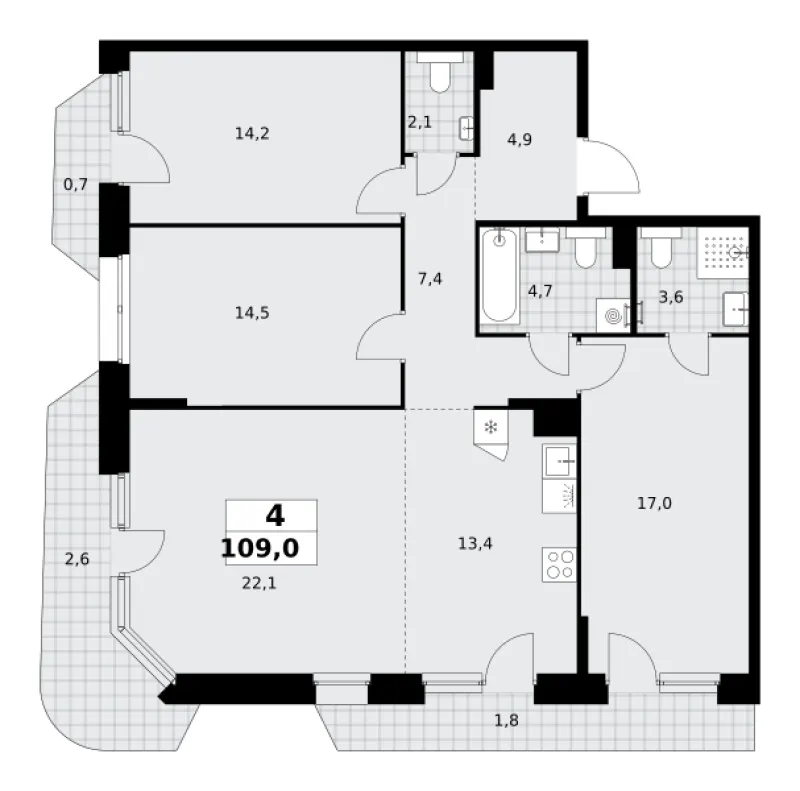 4-комн. 109 м²