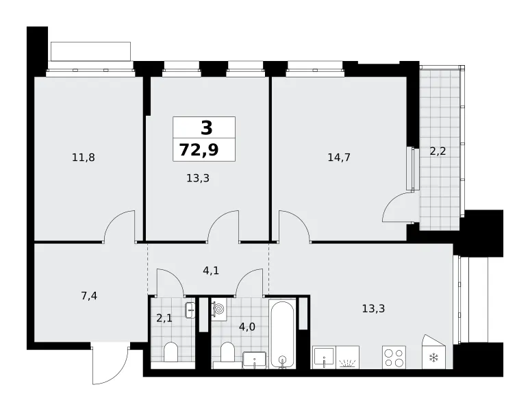 3-комн. 72.9 м²