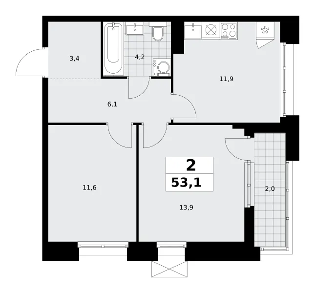 2-комн. 53.1 м²
