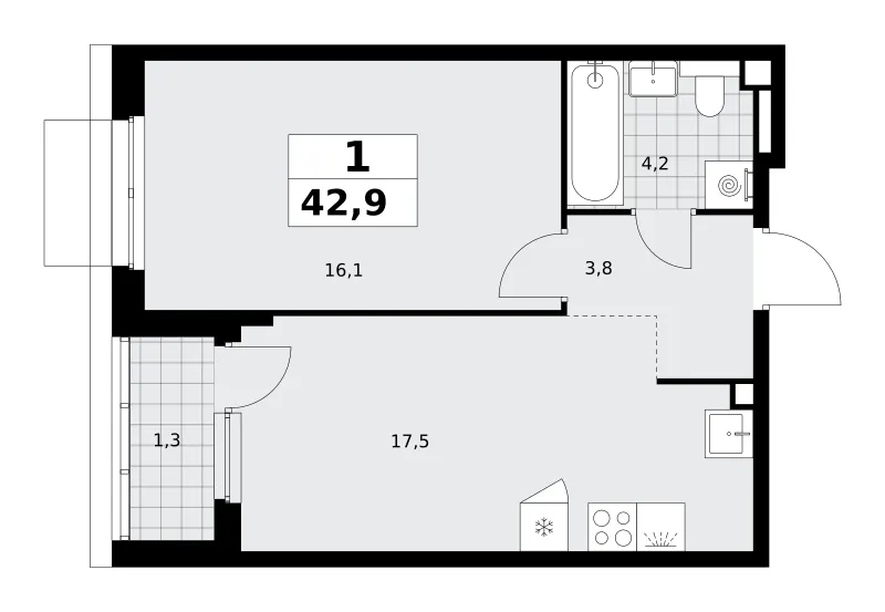 1-комн. 42.9 м²