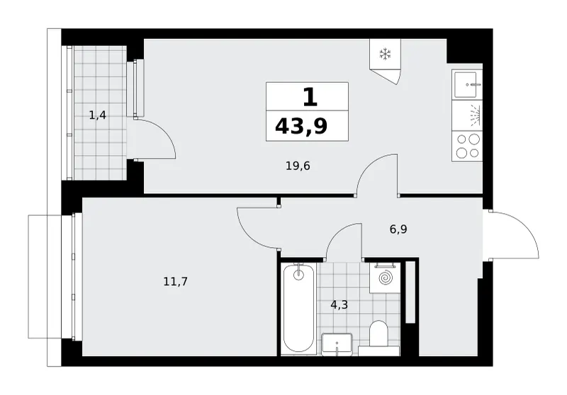 1-комн. 43.9 м²