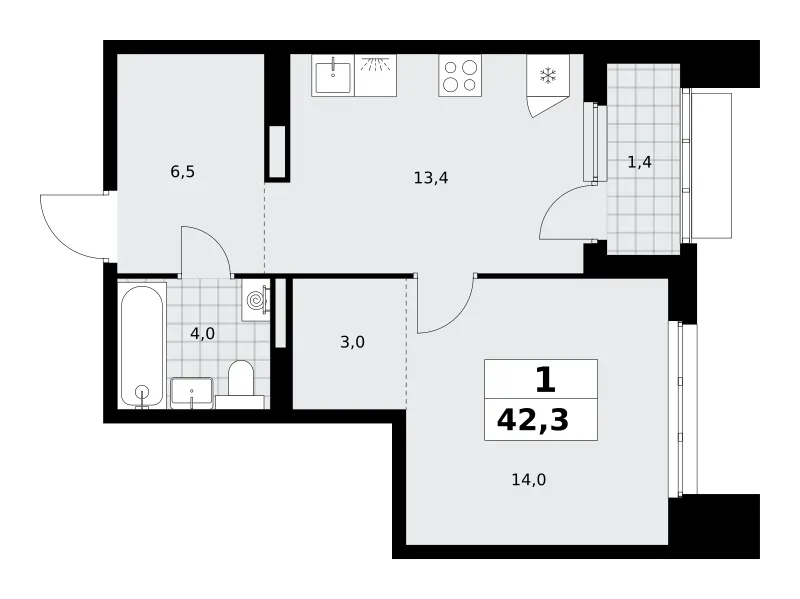 1-комн. 42.3 м²
