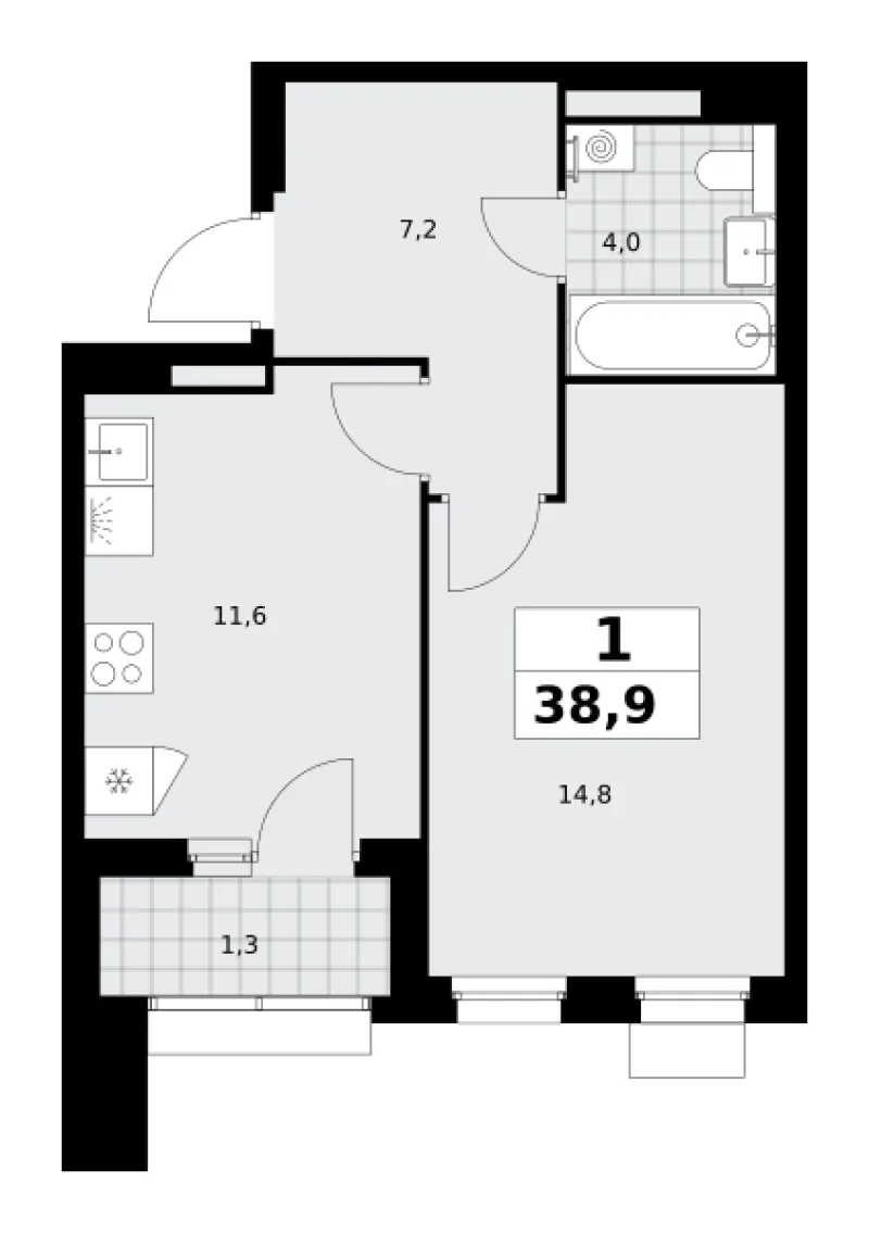 1-комн. 38.9 м²