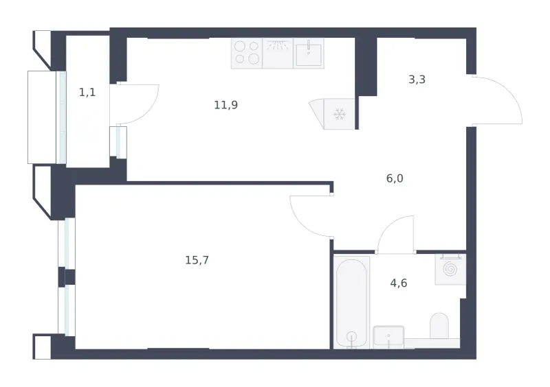 1-комн. 42.6 м²