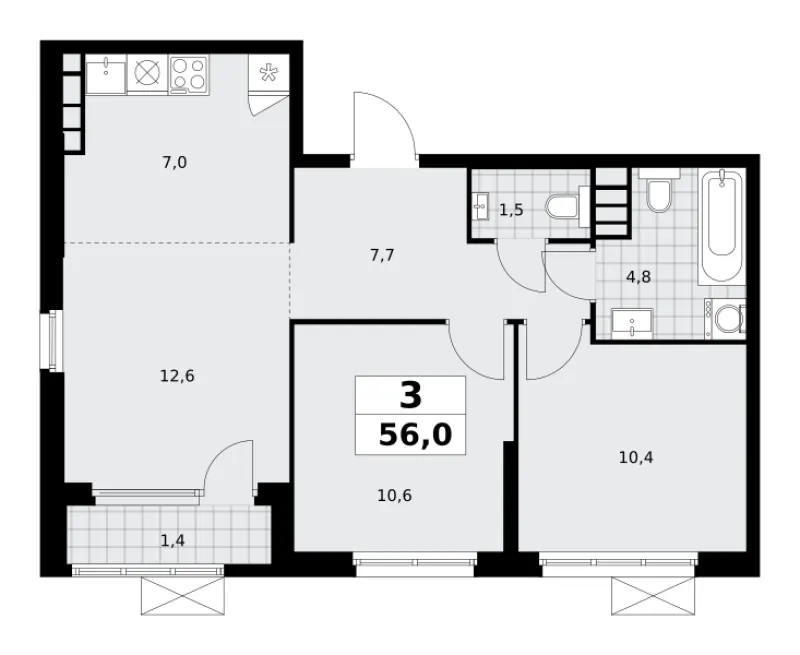 3-комн. 56 м²