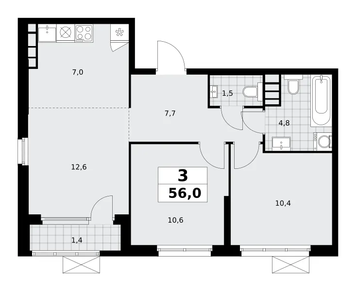 3-комн. 56 м²