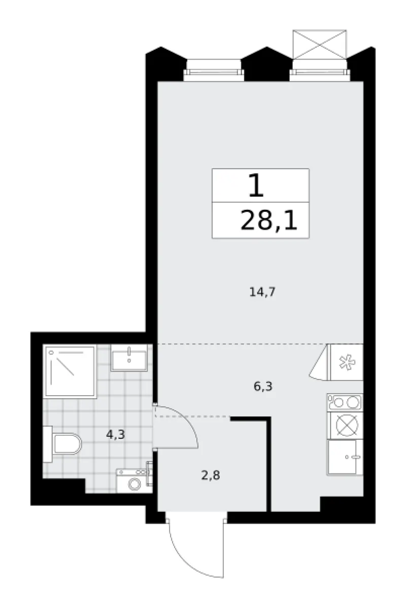Студия 28.1 м²