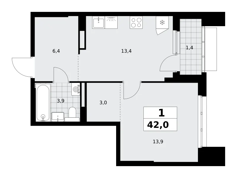 1-комн. 42 м²