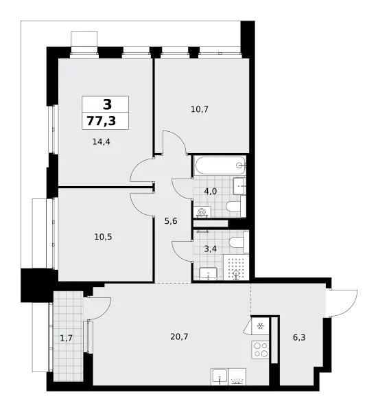 3-комн. 77.3 м²