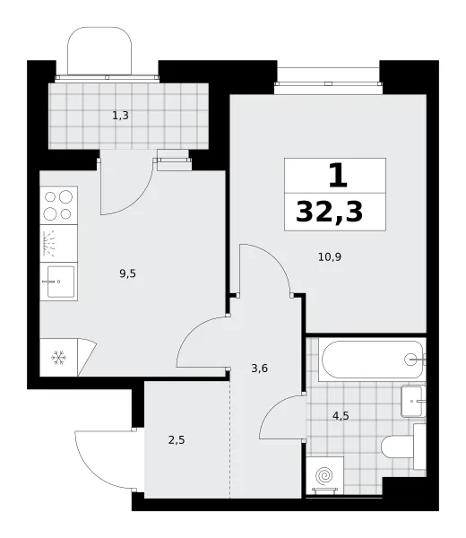 1-комн. 32.3 м²
