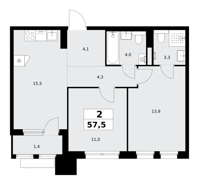 2-комн. 57.5 м²