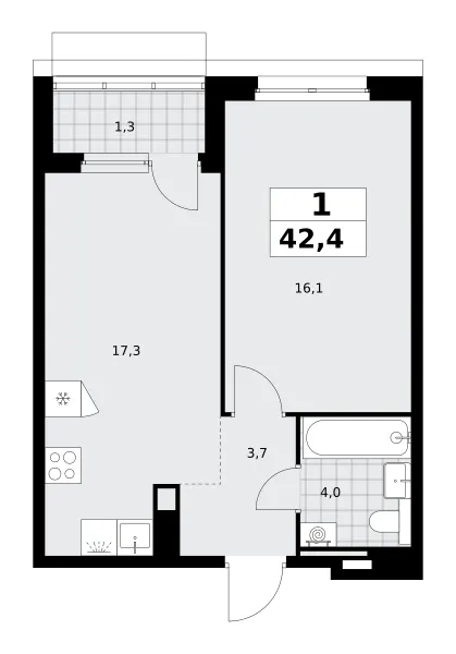 1-комн. 42.4 м²