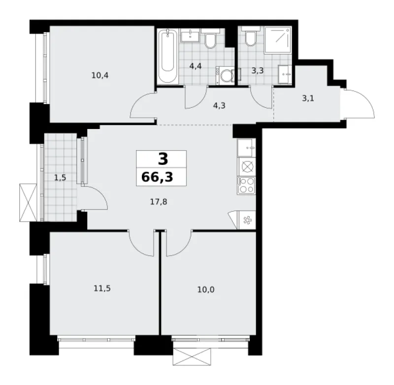 3-комн. 66.3 м²
