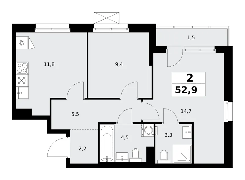 2-комн. 52.9 м²