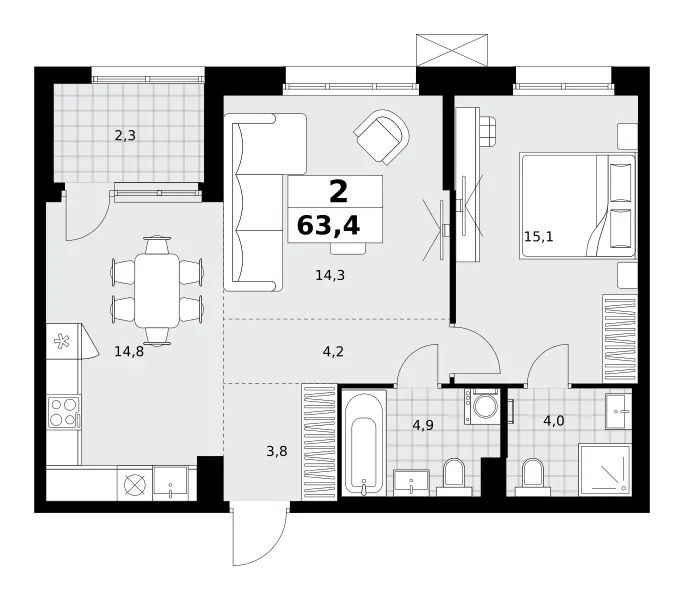 2-комн. 63.4 м²