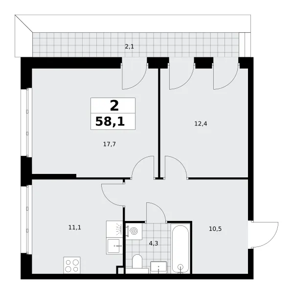 2-комн. 58.1 м²