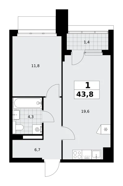 1-комн. 43.8 м²