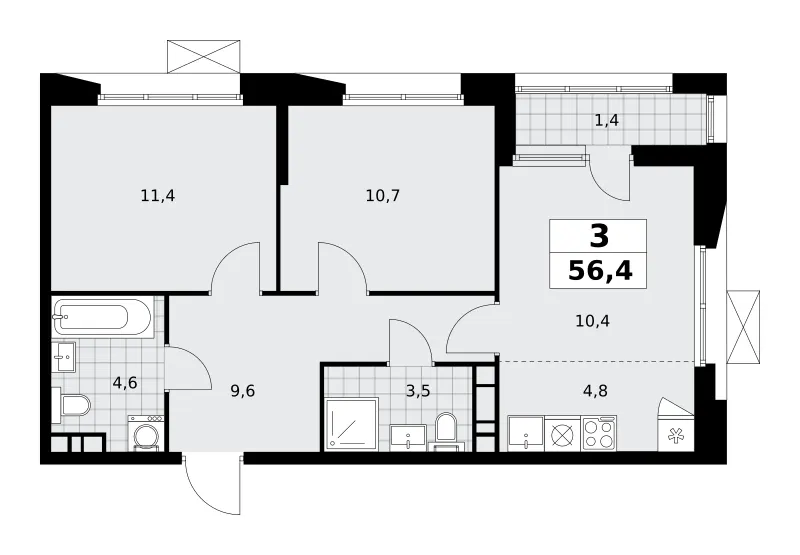 3-комн. 56.4 м²