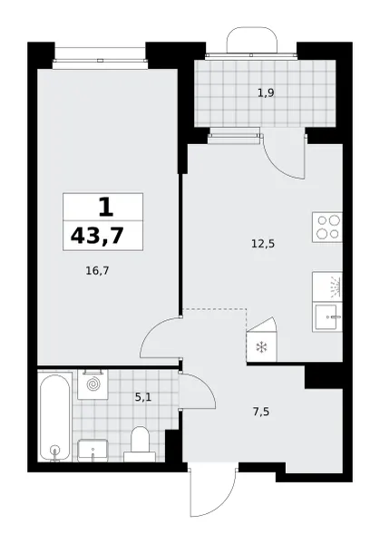 1-комн. 43.7 м²