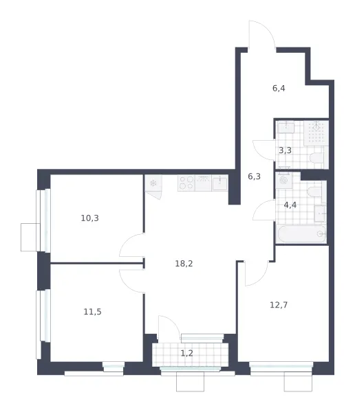 3-комн. 74.3 м²