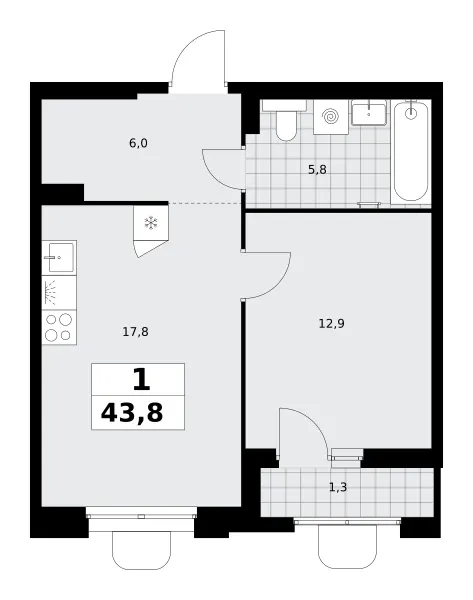 1-комн. 43.8 м²