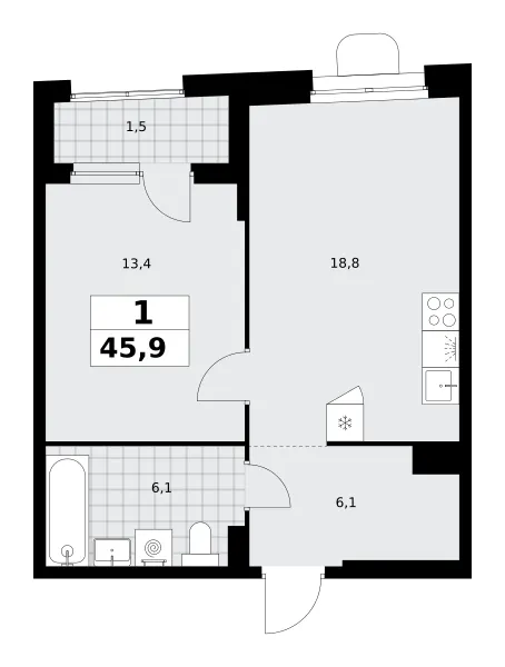 1-комн. 45.9 м²