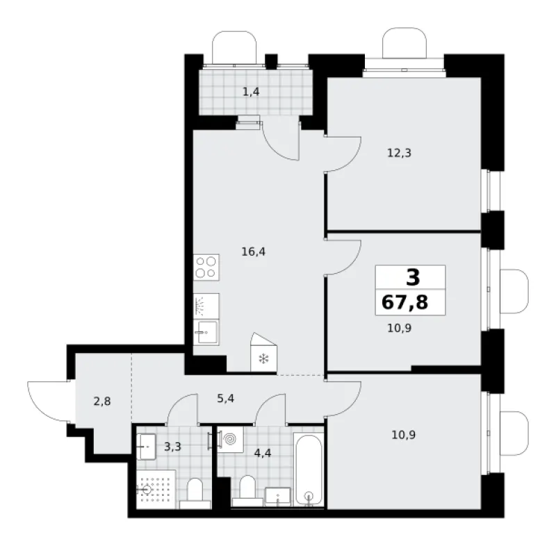 3-комн. 67.8 м²