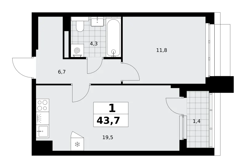 1-комн. 43.7 м²