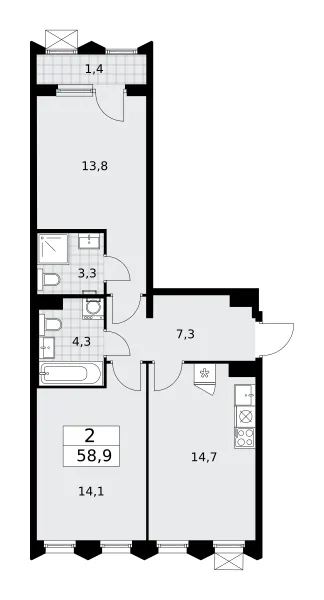 2-комн. 58.9 м²