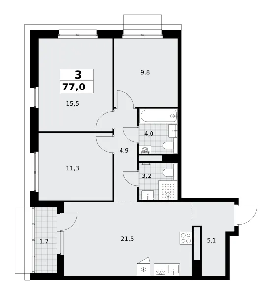 3-комн. 77 м²