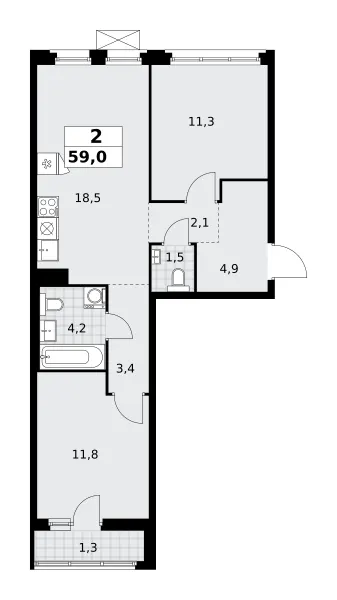 2-комн. 59 м²