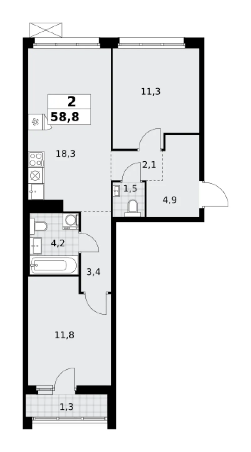 2-комн. 58.8 м²