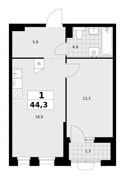 1-комн. 44.3 м²