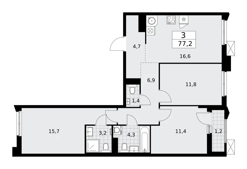 3-комн. 77.2 м²