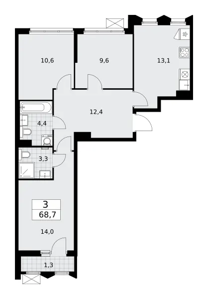 3-комн. 68.7 м²