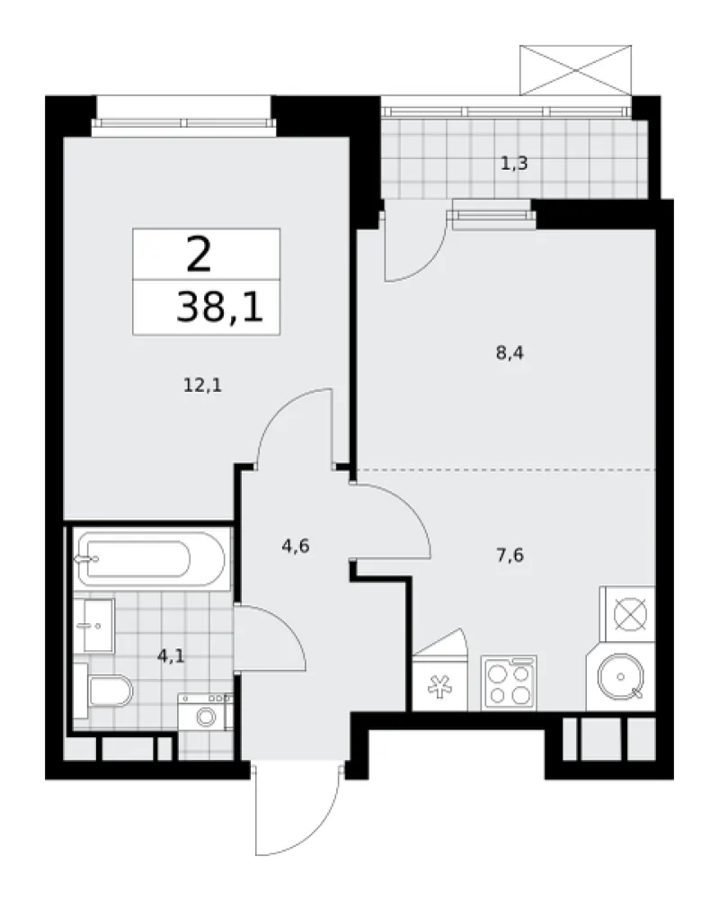 2-комн. 38.1 м²