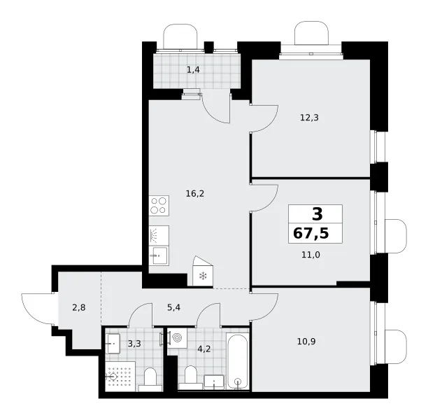 3-комн. 67.5 м²