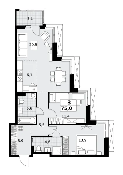 3-комн. 75 м²