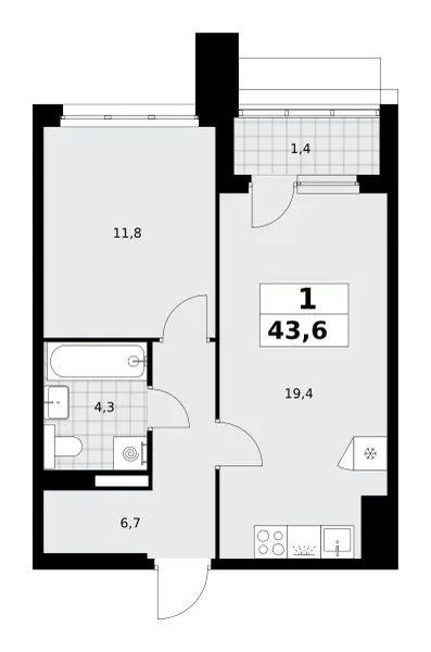 1-комн. 43.6 м²