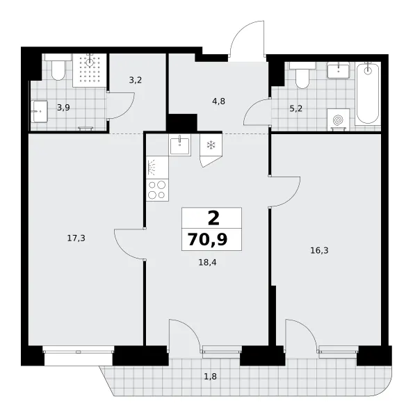 2-комн. 70.9 м²