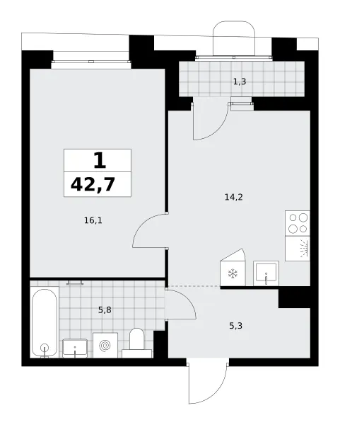 1-комн. 42.7 м²